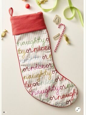 Anthropologie Marlise Embroidered 'Naughty or Nice' Christmas Stocking Holiday